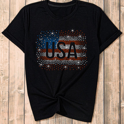 USA Rhinestone Round Neck Short Sleeve T-Shirt