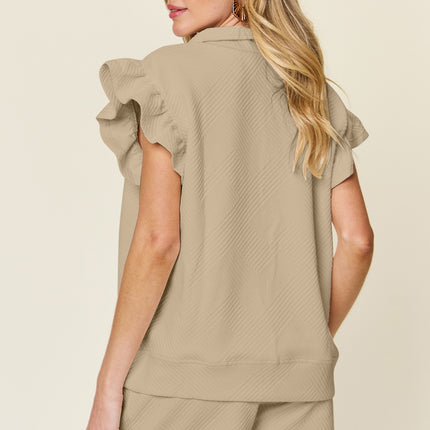 Double Take Full Size Texture Flounce Sleeve Top and Drawstring Shorts Set - Vickie Lynn's