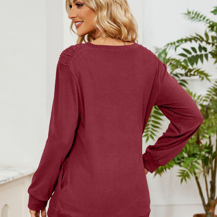 Ruched Shoulder Round Neck Long Sleeve Sweatshirt