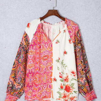 Frill Floral Shirred Cuff Long Sleeve Blouse