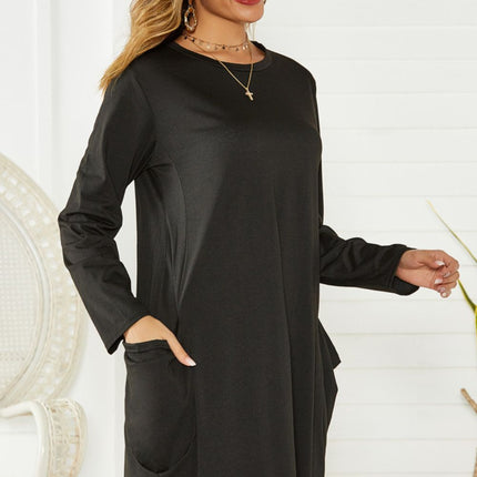 Pocketed Round Neck Long Sleeve Dress