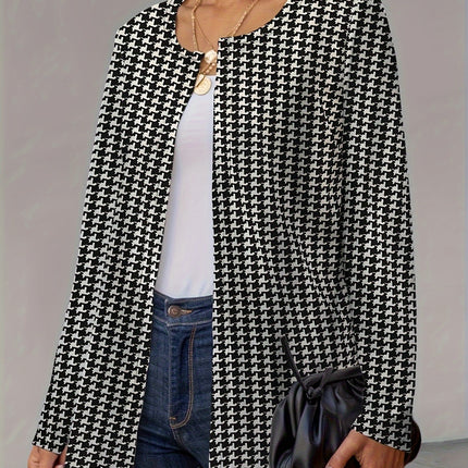 Houndstooth Open Front Long Sleeve Jacket