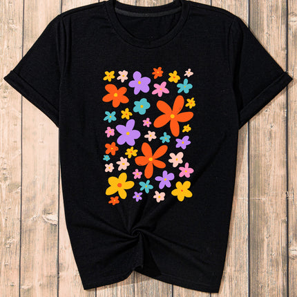 Flower Graphic Round Neck Short Sleeve T-Shirt - Vickie Lynn's