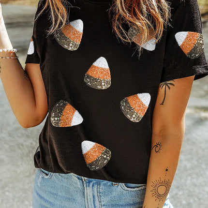 Sequin Round Neck Short Sleeve T-Shirt - Vickie Lynn's