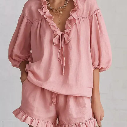 Ruffled V-Neck Blouse and Shorts Set