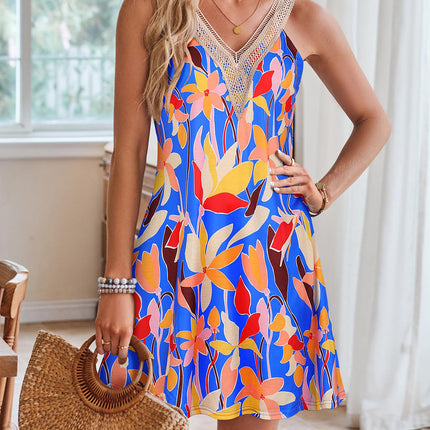 Lace Detail Printed V-Neck Sleeveless Dress