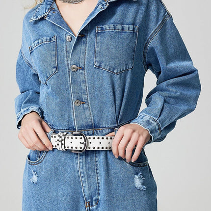 Distressed Button Down Drop Shoulder Denim Jumpsuit