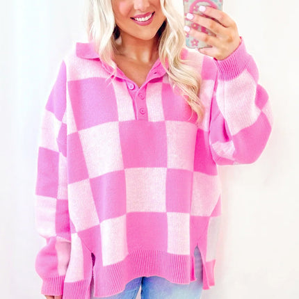 Slit Checkered Half Button Long Sleeve Sweater