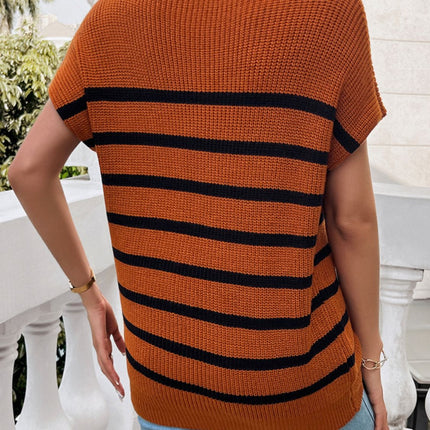 Striped Mock Neck Short Sleeve Sweater