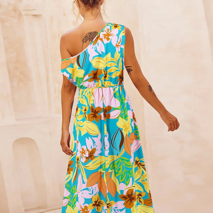 Printed One Shoulder Short Sleeve Dress