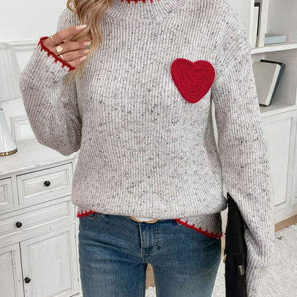 Perfee Contrast Heart Round Neck Long Sleeve Sweater