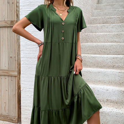 Tiered Notched Short Sleeve Midi Dress