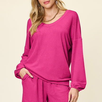 Double Take Full Size Texture V-Neck Long Sleeve T-Shirt and Shorts Set