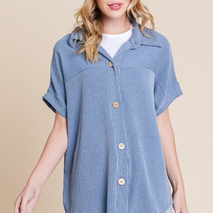 BOMBOM Button Up Short Sleeves Ribbed Shirt