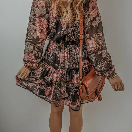 Printed Tie Neck Long Sleeve Mini Dress