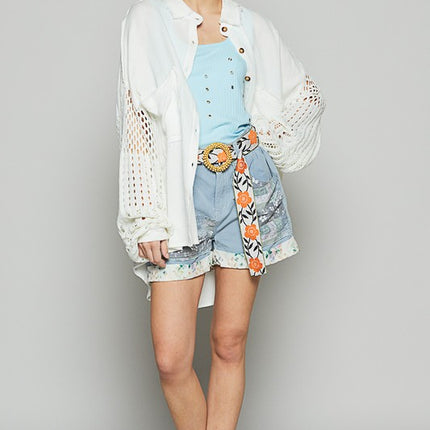 POL Openwork Lantern Sleeve Button Down Gauze Shirt