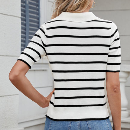 Striped Johnny Collar Short Sleeve Sweater