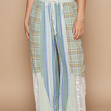 POL Drawstring Plaid Print Lace Straight Pants