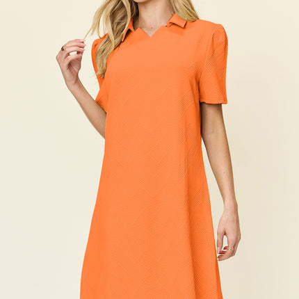 Double Take Full Size Texture Collared Neck Short Sleeve Dress