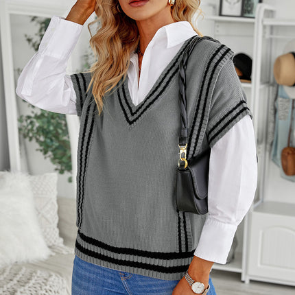 Striped Trim V-Neck Sweater Vest