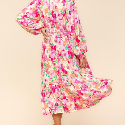 Haptics Full Size Floral Surplice Balloon Sleeve Dress with Side Pockets