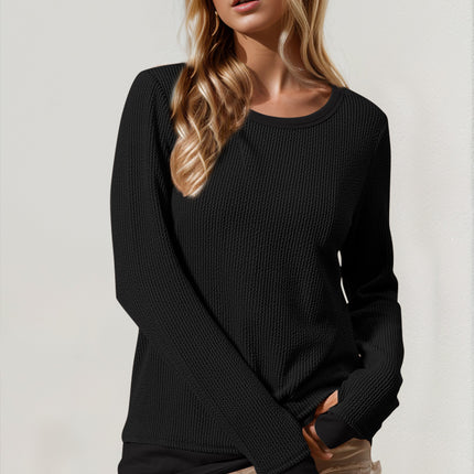 Double Take Corded Rib Thumbhole Cuff Round Neck T-Shirt - Vickie Lynn's