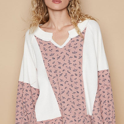 POL Waffle Knit Floral Notched Long Sleeve Top