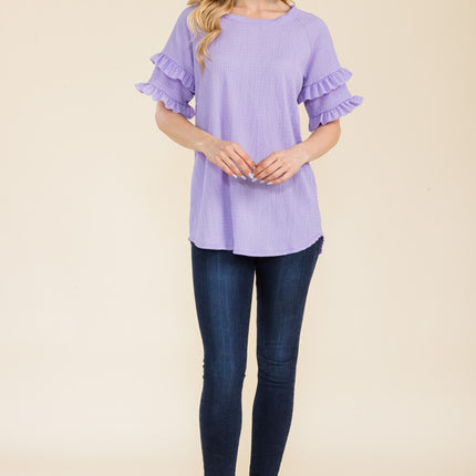 Celeste Full Size Ruffle Short Sleeve Texture Top