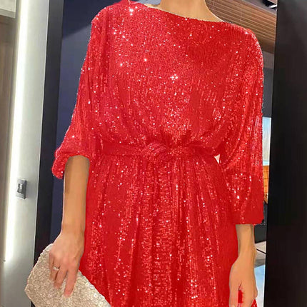 Sequin Tie Waist Long Sleeve Mini Dress