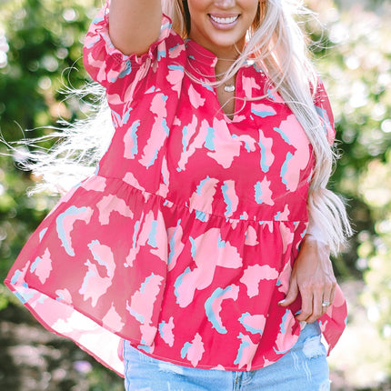 Peplum Printed Notched Short Sleeve Blouse