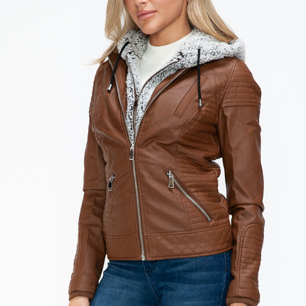 YMI Faux Layered Double-Zipper Jacket with Fuzzy Hood