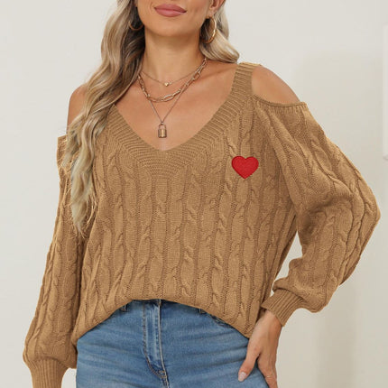 Cable-Knit Heart V-Neck Sweater