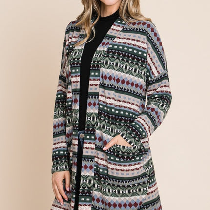 BOMBOM Geometric Open Front Long Sleeve Cardigan with Pockets