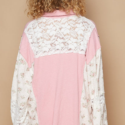 POL Floral Contrast Front Lace  Pocket Shirt