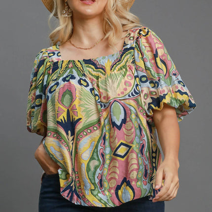 Umgee Full Size Abstract Print Smocked Square Neck Puff Sleeve Blouse