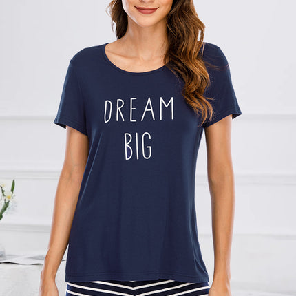 Graphic Round Neck Top and Striped Shorts Lounge Set