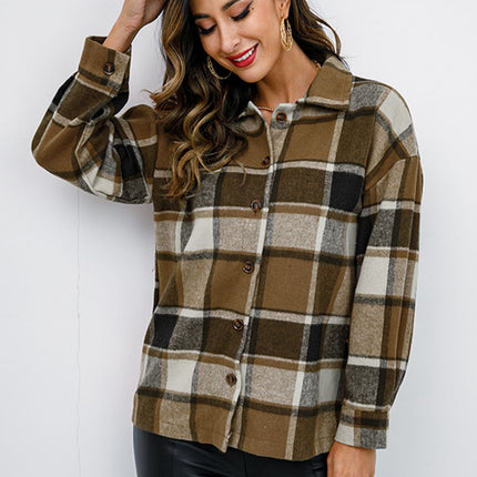 Shiny Plaid Button Up Collared Neck Jacket