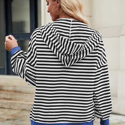 Drawstring Striped Zip Up Long Sleeve Hoodie