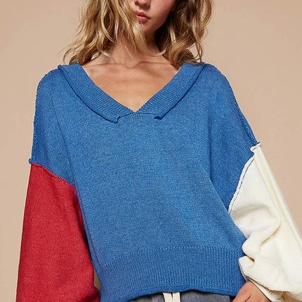 POL Exposed Seam Contrast V-Neck Lantern Sleeve Sweater