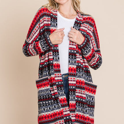 BOMBOM Geometric Open Front Long Sleeve Cardigan with Pockets