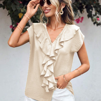 Ruffled V-Neck Short Sleeve Blouse