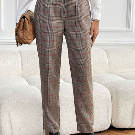 Perfee Plaid Straight Pants with Pockets