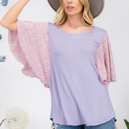 Celeste Full Size Contrast Eyelet Ruffle Sleeve Blouse