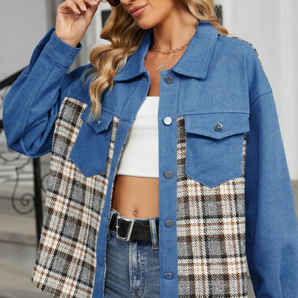 Plaid Button Up Long Sleeve Denim Jacket