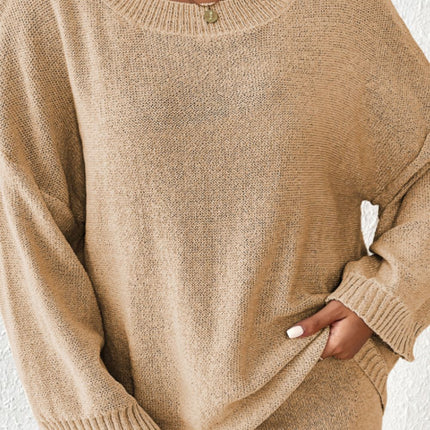 Round Neck Drop Shoulder Top and Shorts Sweater Set