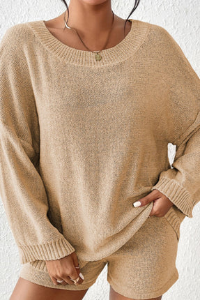 Round Neck Drop Shoulder Top and Shorts Sweater Set