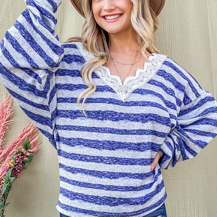 And The Why Striped Lace Detail V Neck Top