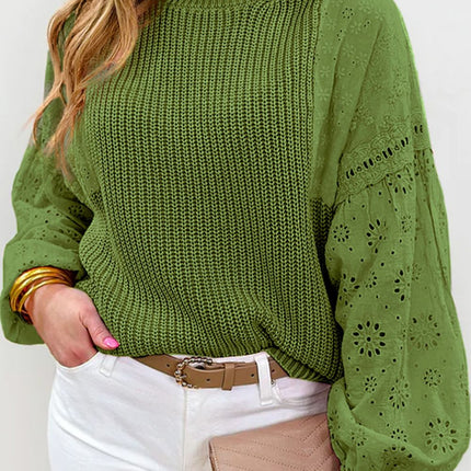 Eyelet Round Neck Drop Shoulder Sweater