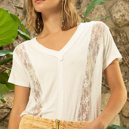 POL Inset Lace Outseam Detail Short Sleeve V-Neck T-Shirt