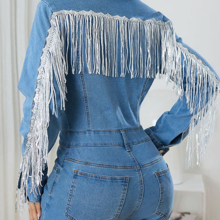 Fringe Half Button Long Sleeve Denim Jumpsuit